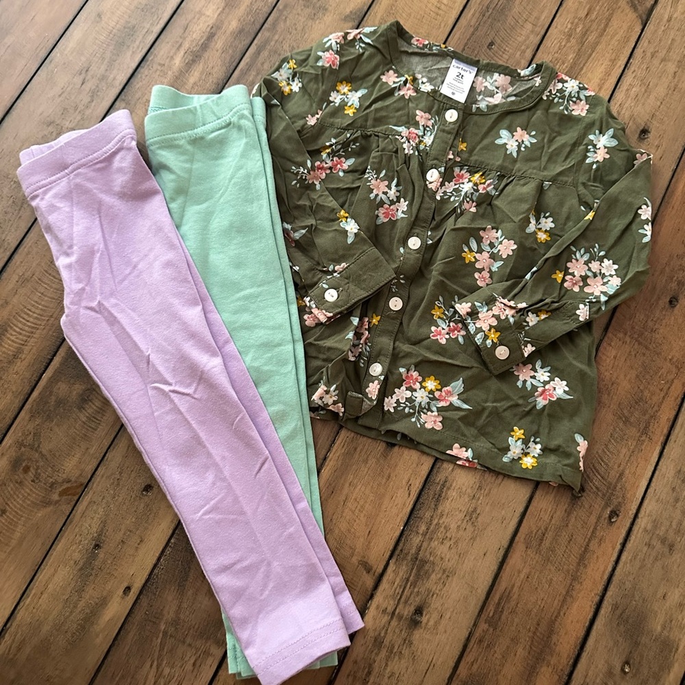 2T Carter's Floral Top with Mint Green and Purple Leggings